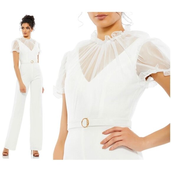 MAC DUGGAL Illusion Belted Jumpsuit in White Size US 4 NWT - Picture 1 of 12